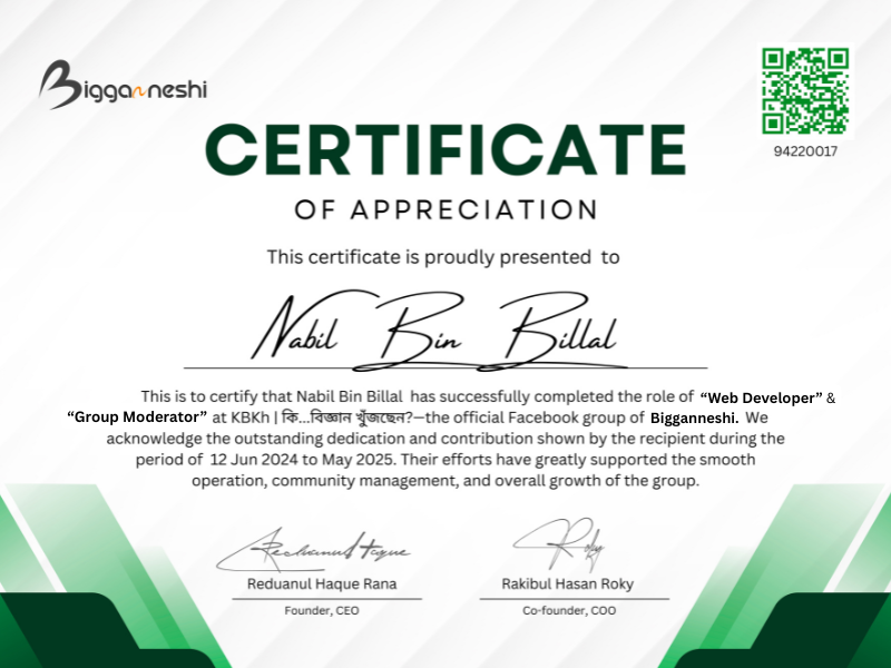 Certificate: Certificate for completing the role of Web Developer and Group Moderator in Bigganneshi